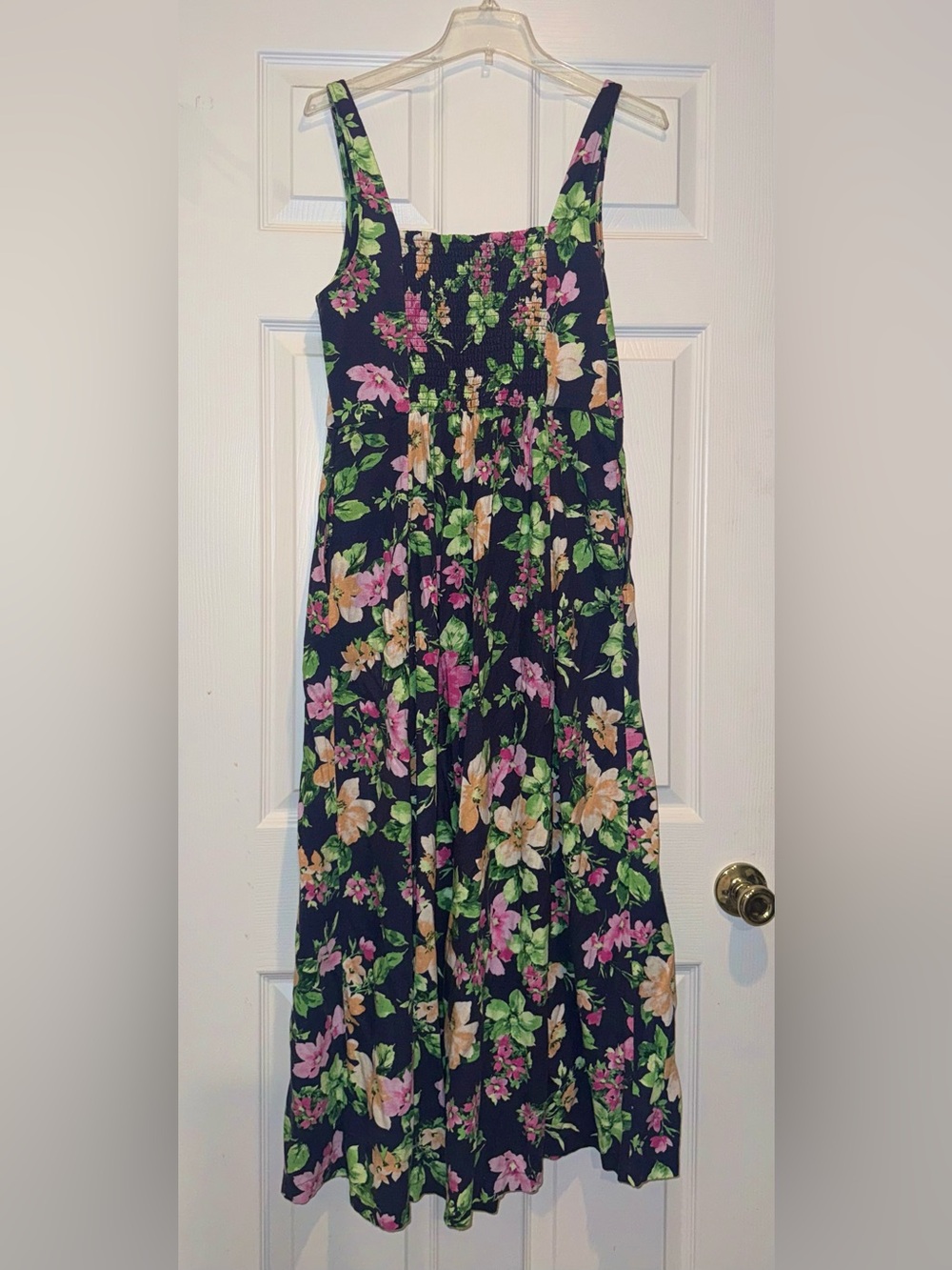 Floral Navy Tea Length Dress with Green and Pink Print